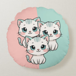 Three Cute Kawai Cats Rund Kudde