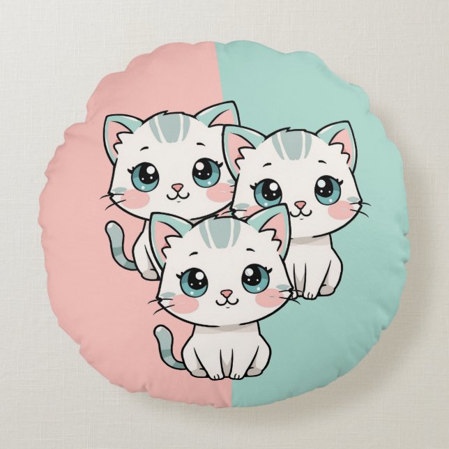 Three Cute Kawai Cats Rund Kudde (Framsidan)