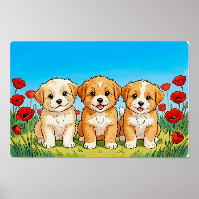 Three Cute Puppies & Red Poppies Poster (Framsidan)