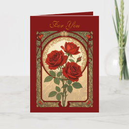 Three Deep Red Roses Art Nouveau Style Kort