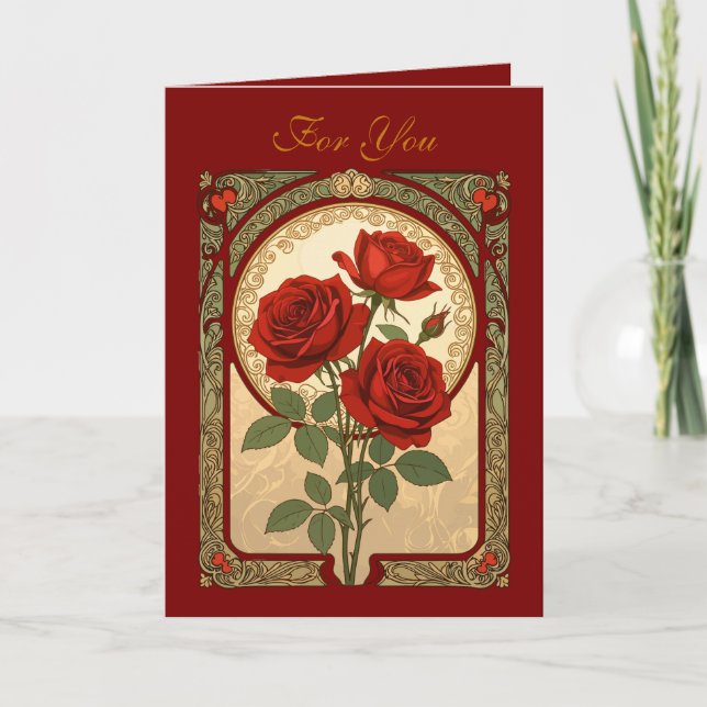 Three Deep Red Roses Art Nouveau Style Kort (Framsida)