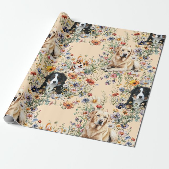 Three Dogs in Wildflowers Seamless  Presentpapper (Utrullad)