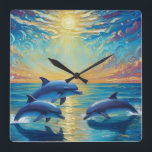 Three dolphins Wall Clock Fyrkantig Klocka<br><div class="desc">Three dolphins jump over the sea. The sun is shining. Multi-colored clouds run across the sky.</div>