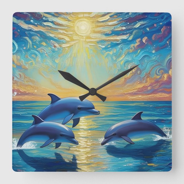 Three dolphins Wall Clock Fyrkantig Klocka (Framsida)