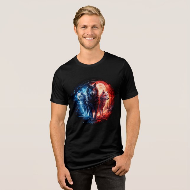 Three Elemental Wolves Under Full Moon T Shirt (Framsida Full)