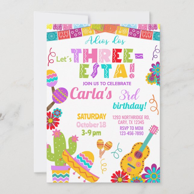 Three-esta Fiesta girl 3rd birthday invitation. Inbjudningar (Framsida)