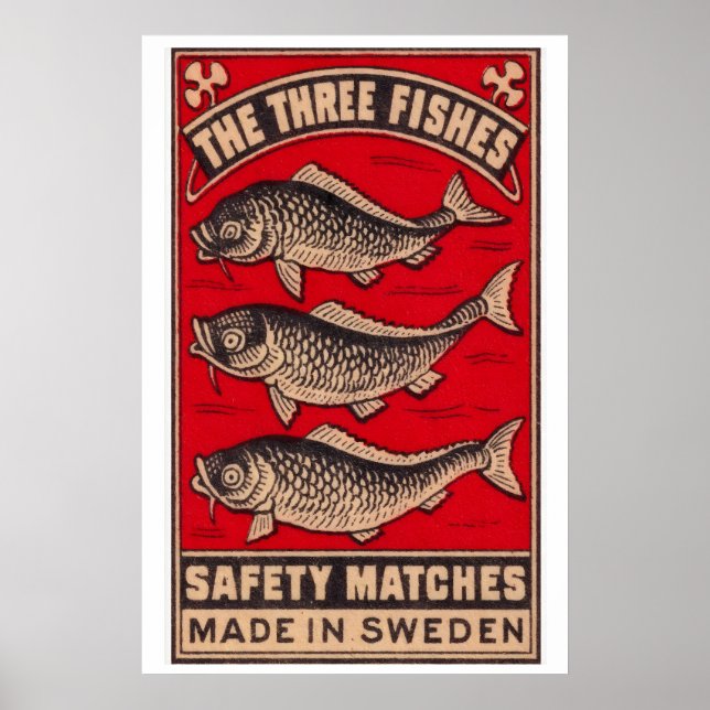 Three Fish Matchbox Art Print, Swedish Vintage Poster (Framsidan)