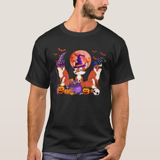 Three  Foxes Costume Halloween Witch Horror Pumpki T Shirt (Framsida)