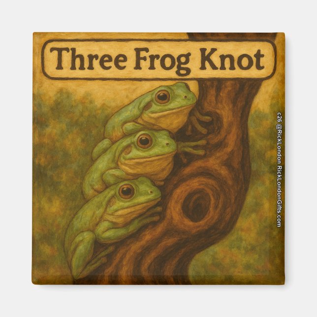 Three Frog Knot – Whimsical Amphibian Wordplay Art Magnet (Framsidan)