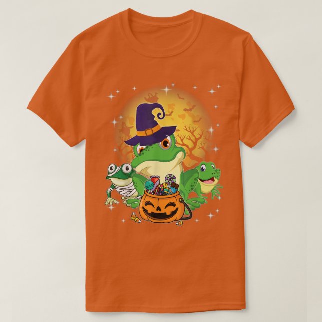 Three Frogs Mummy Witch Moon Ghosts Pumpkin Candy  T Shirt (Design framsida)