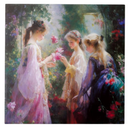 Three girls playing in a garden kakelplatta