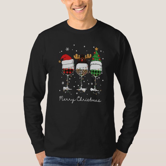 Three Glass Wine Santa Hat Merry Christmas Drinkin T Shirt (Framsida)