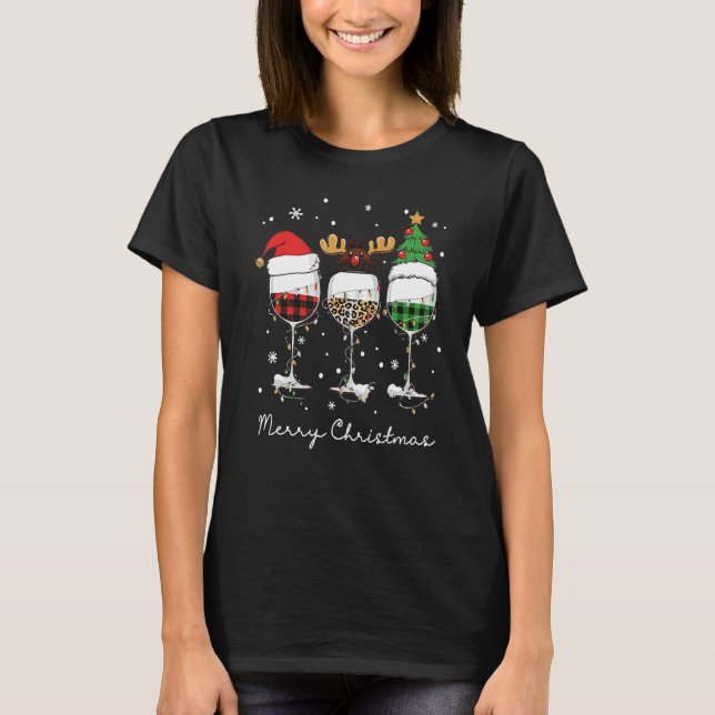 Three Glass Wine Santa Hat Merry Christmas Drinkin T Shirt (Framsida)