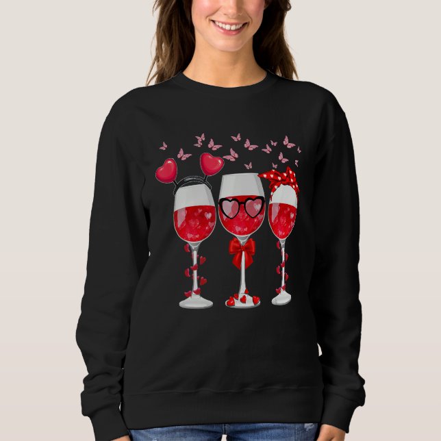 Three Glasses Wine Heart Funny Couple Valentines D T Shirt (Framsida)