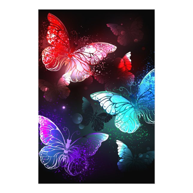 Three Glowing Butterflies on night background Fototryck (Framsidan)
