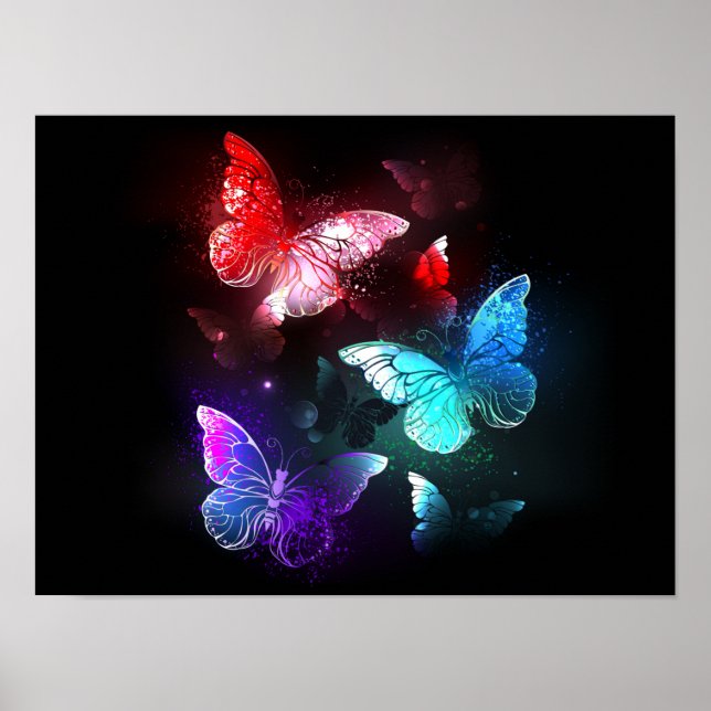 Three Glowing Butterflies on night background Poster (Framsidan)