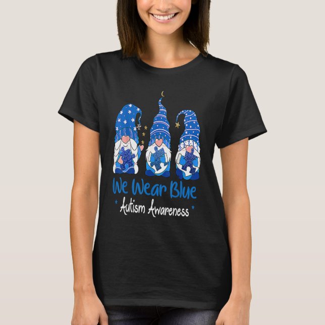 Three Gnomes Holding Blue Puzzle Autism Awareness T Shirt (Framsida)