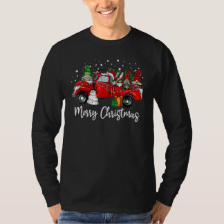 Three Gnomes in Red Truck With Merry Christmas Tre T Shirt