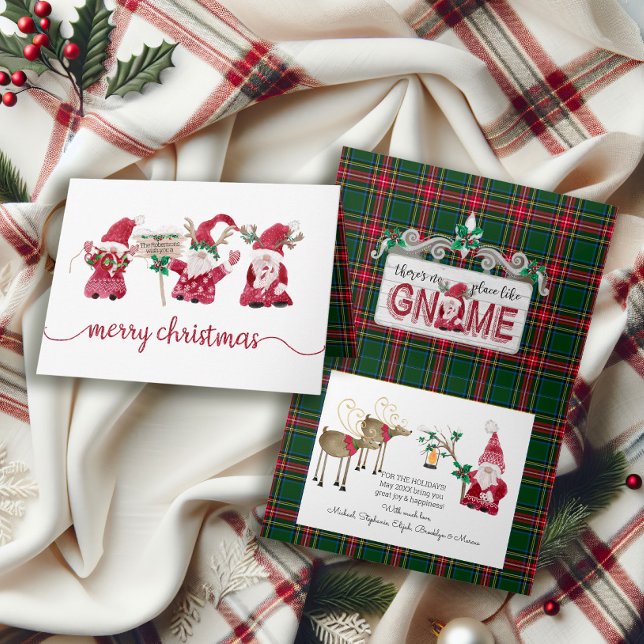 Three Gnomes Reindeer Watercolor Plaid Christmas Helgkort (Skapare uppladdad)