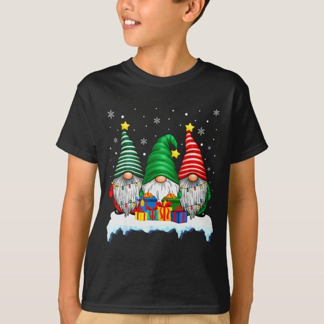 Three Gnomes Tree Lights Men Women Matching Xmas H T Shirt (Framsida)