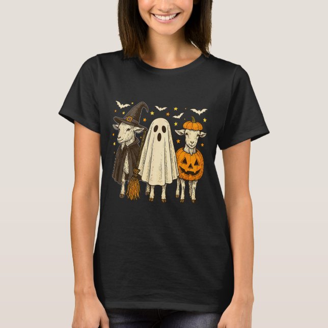 Three Halloween Goats Cosplay Witch Boo Carved Pum T Shirt (Framsida)