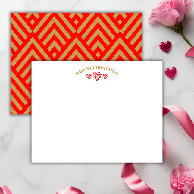Three Hearts Gold Apple Red Striped Fans Note Card Anteckningskort (Skapare uppladdad)