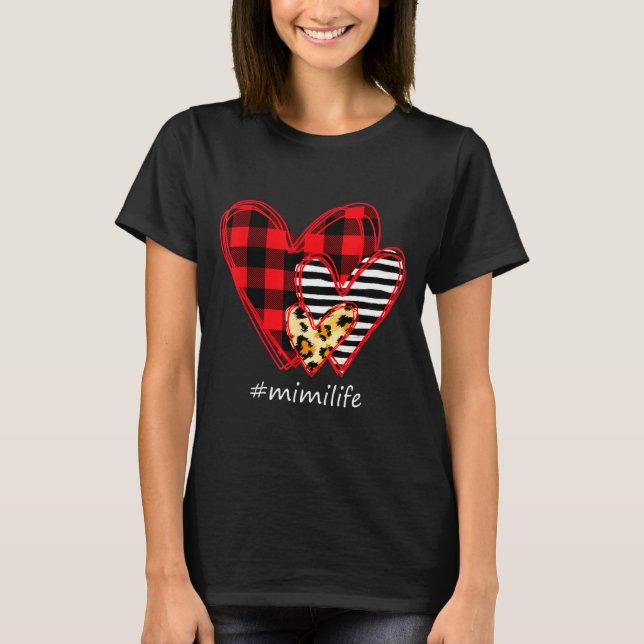 Three Hearts Leopard Buffalo Plaid Mimi Life Valen T Shirt (Framsida)