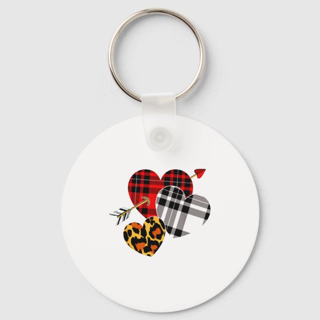 Three Hearts Leopard Buffalo Plaid Valentines Day  Nyckelring (Framsida)