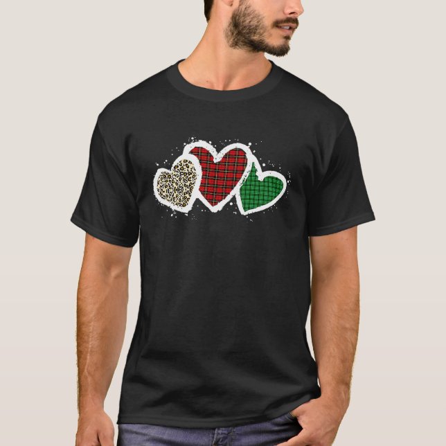 Three Hearts Leopard Buffalo Plaid Valentine's day T Shirt (Framsida)