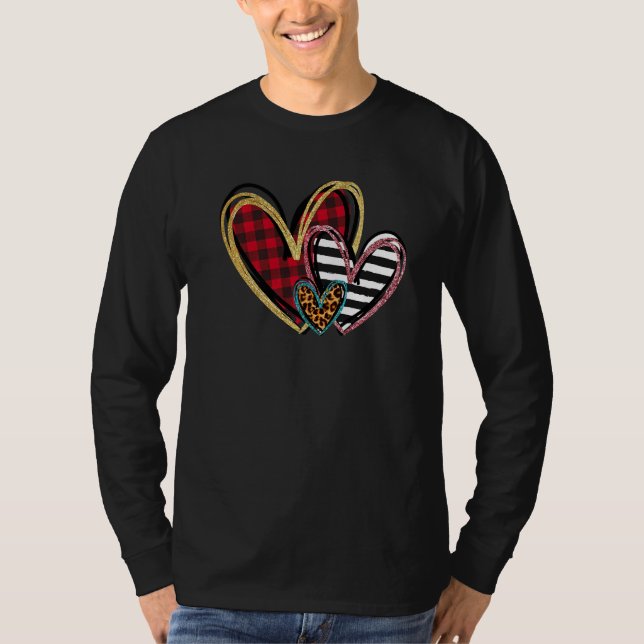 Three Hearts Leopard Buffalo Plaid Valentine's day T Shirt (Framsida)
