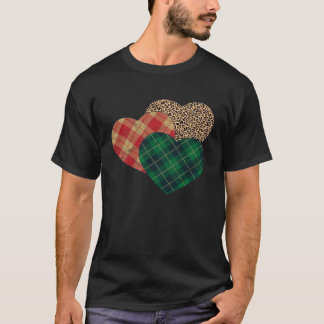 Three Hearts Leopard Green Buffalo Plaid Valentine T Shirt