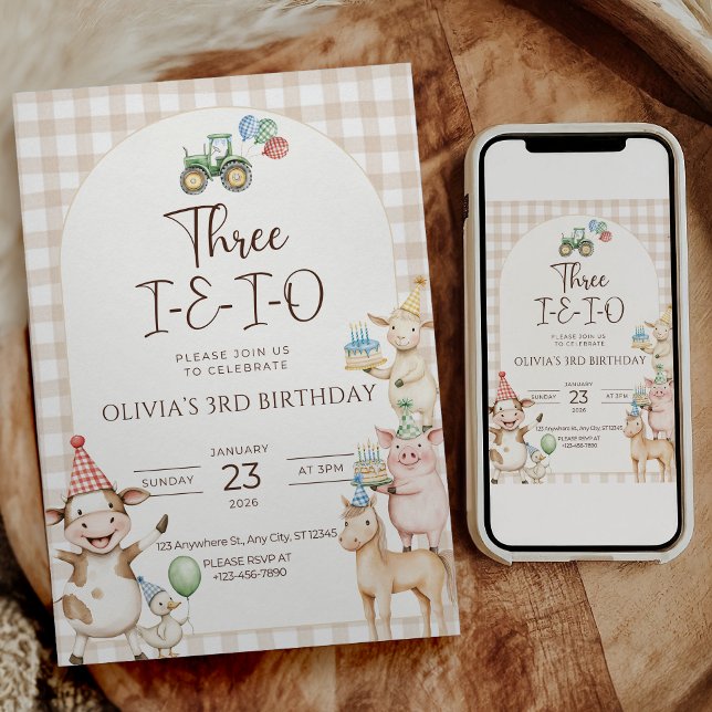 Three I E I O Gård 3-års födelsedagsinbjudan Inbjudningar (Three i e i o farm 3rd birthday invitation)