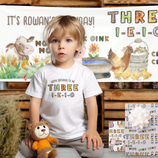 Three-i-e-io 3-års födelsedagsbondgårdsbarnrim t shirt (Three-i-e-i-o 3rd birthday t-shirt inspired by old macdonald farm nursery rhyme)
