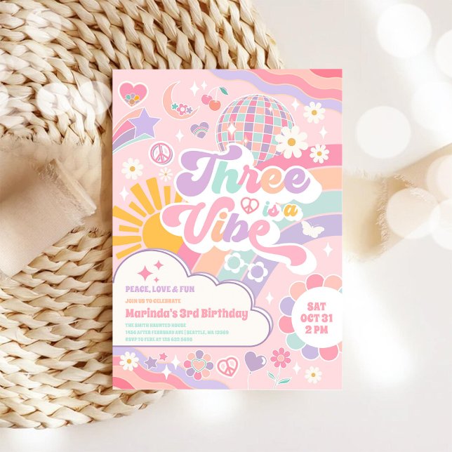 Three Is A Vibe Sun Rainbow Disco 3rd Birthday Inbjudningar (Skapare uppladdad)