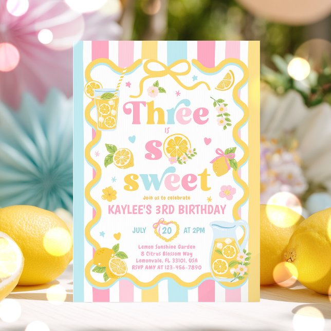 Three Is So Sweet Lemon Sommar 3-års Födelsedagsfe Inbjudningar (Skapare uppladdad)