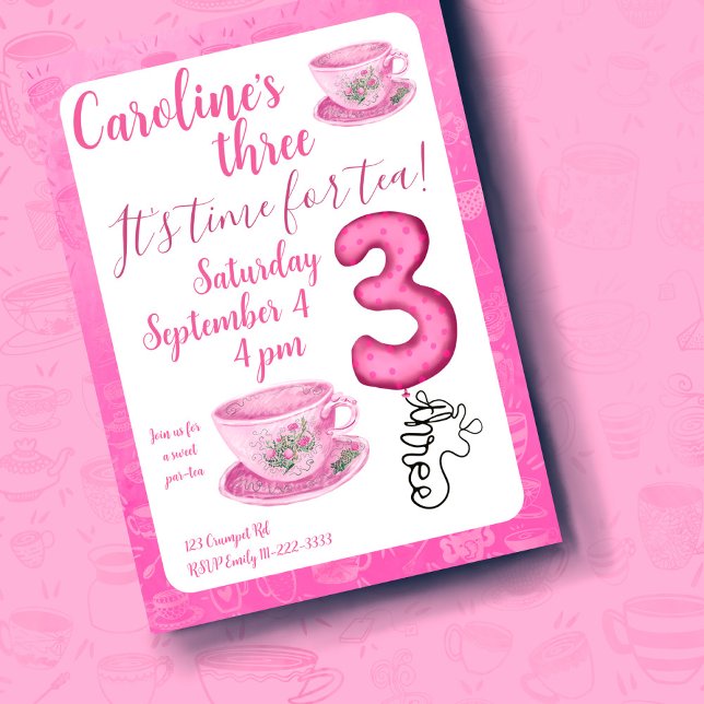 Three It’s Time for Tea 3rd Birthday Invitation Inbjudningar (Skapare uppladdad)