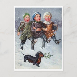Three kid singing Christmas song on snow and dog Vykort