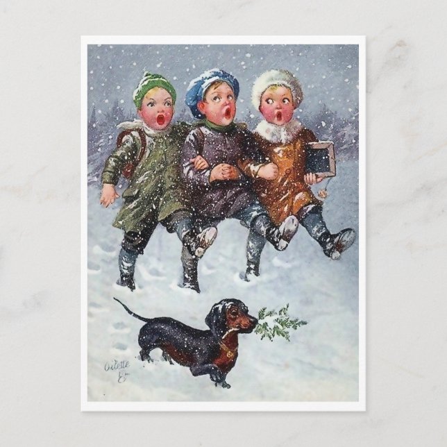 Three kid singing Christmas song on snow and dog Vykort (Framsida)
