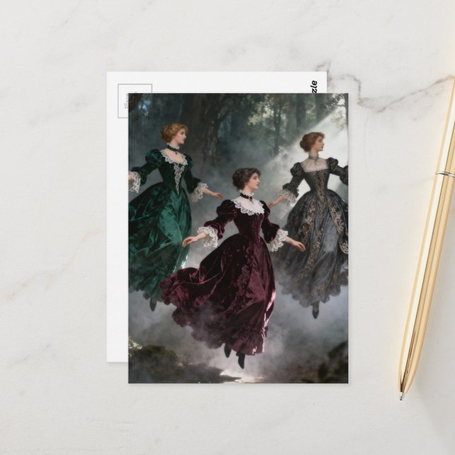 Three levitating women in the forest vykort (Fram/Back In Situ)