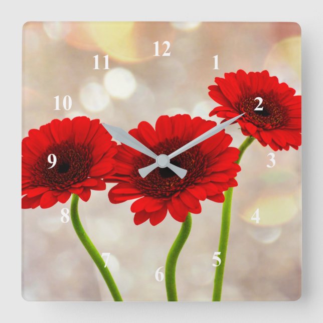 Three Little Red Gerberas Acrylic wall clock Fyrkantig Klocka (Framsida)