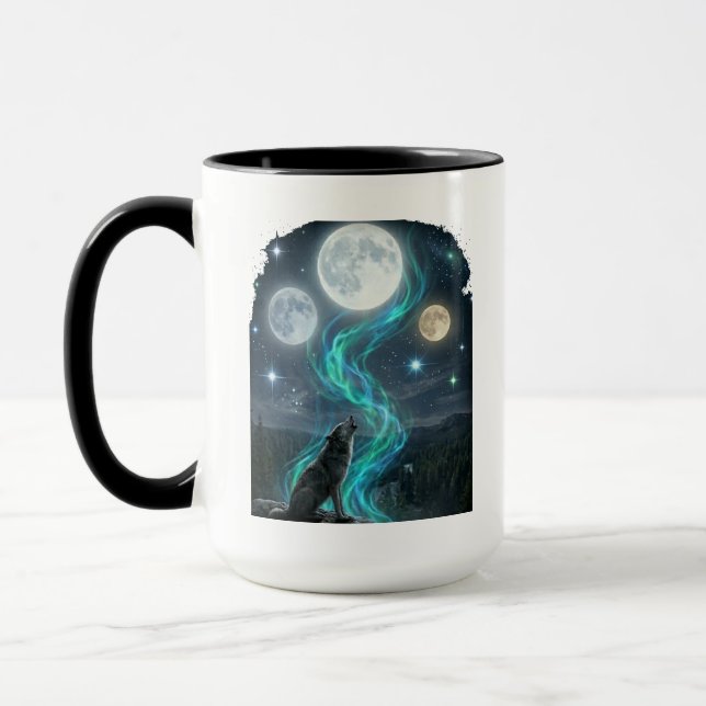 Three Moon Wolf Aurora - Mystic Night Sky Mugg (Vänster)