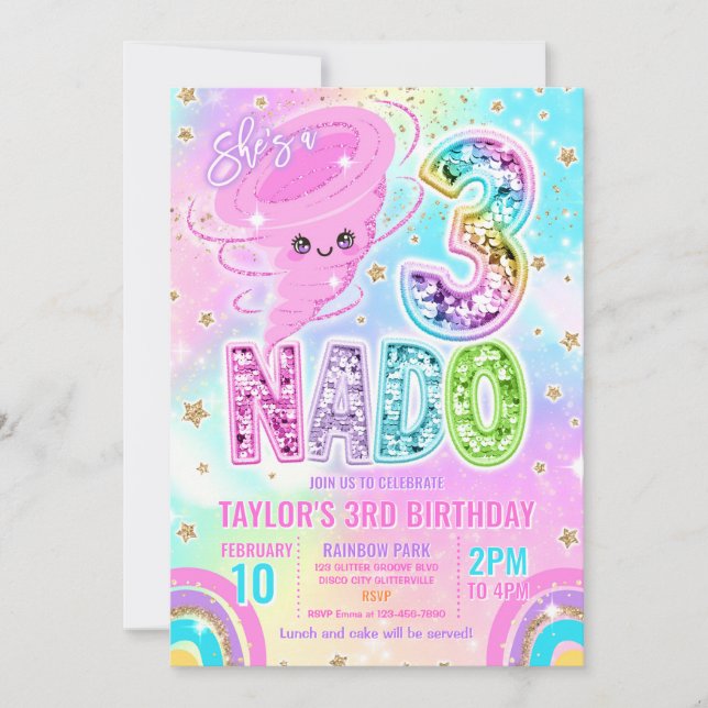 Three Nado Rainbow Glitter 3-års födelsedagsfest  Inbjudningar (Framsida)