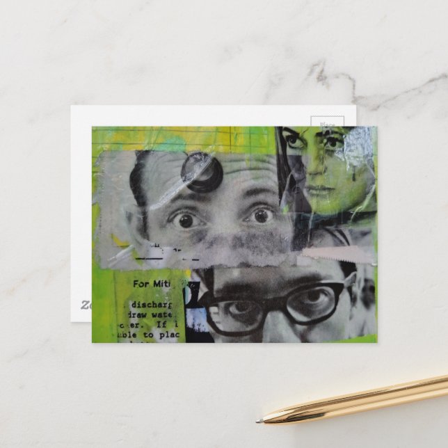 Three Pairs of Eyes Looking Mixed Media Collage Vykort (Fram/Back In Situ)