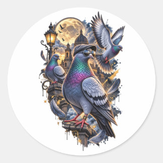 Three Pigeon Vintage Grafik, Retro Pigeon Moon Runt Klistermärke