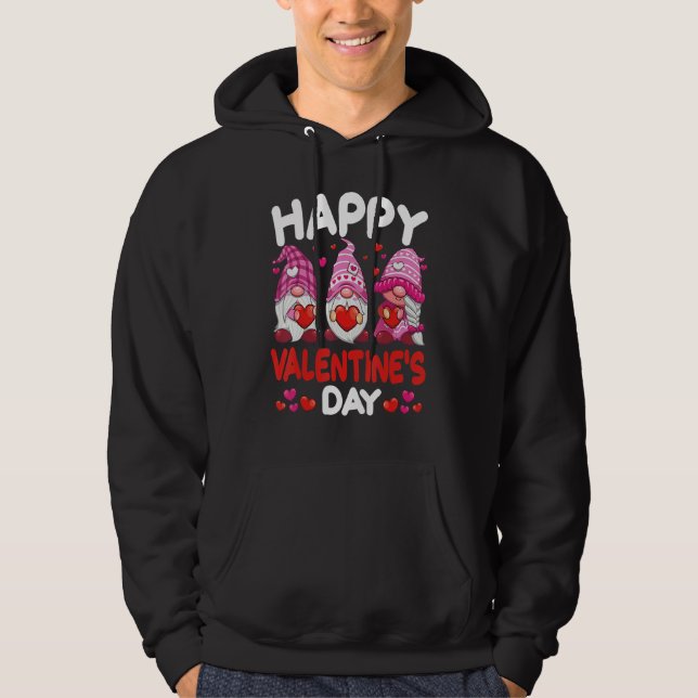 Three Pink Gnomes Holding Heart Happy Valentine's  Hoodie (Framsida)