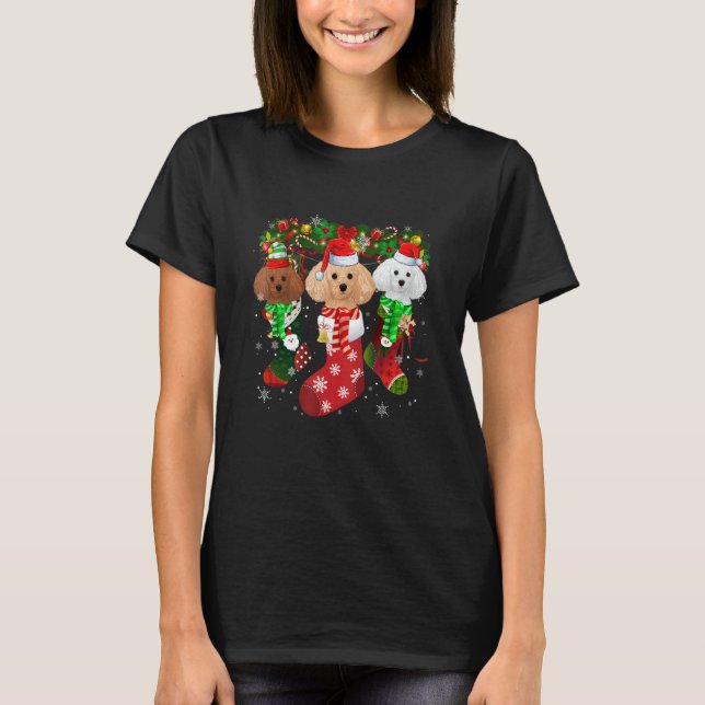 Three Poodle In Socks Christmas Santa Hat   T Shirt (Framsida)