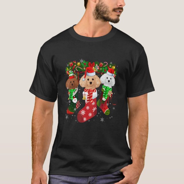 Three Poodle In Socks Christmas Santa Hat   T Shirt (Framsida)