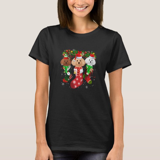 Three Poodle In Socks Christmas Santa Hat T Shirt (Framsida)