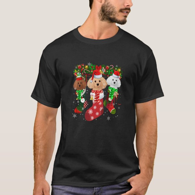 Three Poodle In Socks Christmas Santa Hat T Shirt (Framsida)