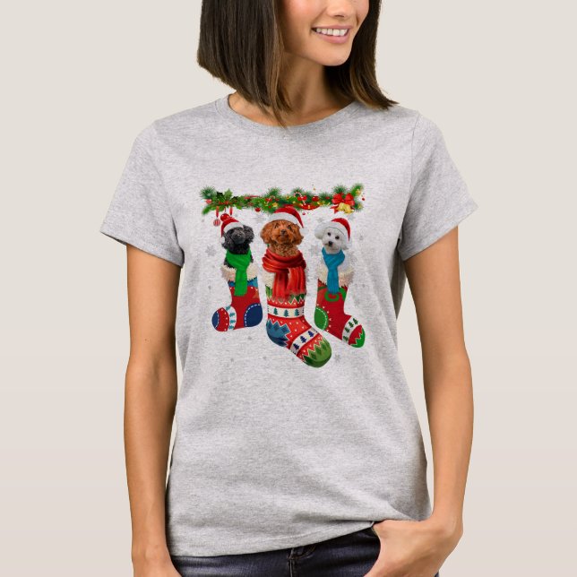 Three Poodles In Christmas Socks  T Shirt (Framsida)